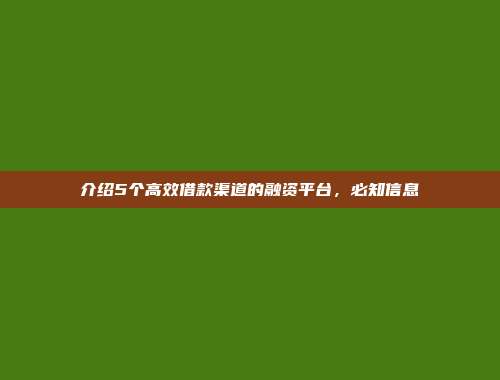 介绍5个高效借款渠道的融资平台，必知信息